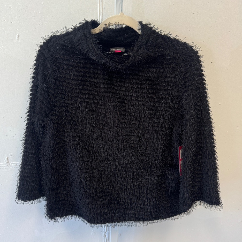 NWT Vince Camuto Opulent Mood Fringed Eyelash Mock Neck Sweater Rich Black XS